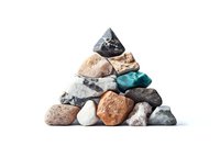 Colorful mineral rocks and stones arranged in pyramid shape on white background, isolated geological collection for educational and design purposes.