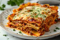 Traditional layered lasagna with meat sauce and melted cheese garnished with fresh parsley on white ceramic plate, close up view of Italian cuisine.