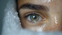 Close up macro shot of bright green eye with freckles and natural eyebrow, showing intricate iris details and eyelashes against soft skin texture in natural daylight.