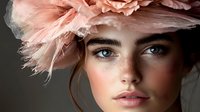 Young woman with freckles wearing pink feather fascinator headpiece against dark background, dramatic fashion portrait highlighting natural makeup and blue eyes.
