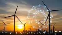 Smart wind turbines with digital network connections at sunset showcasing renewable energy technology and sustainable power generation solutions.