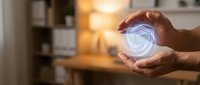 Hands protecting glowing digital shield symbol representing cybersecurity, data protection and online safety in modern office environment.
