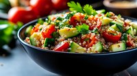 Fresh quinoa salad with cherry tomatoes, cucumber, herbs in black bowl, vibrant healthy meal with colorful vegetables and protein-rich ancient grains.