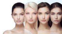 Different skin tones women with natural makeup and clean glowing skin in beauty portrait lineup showing diversity in cosmetics and skincare industry.