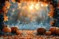 Orange pumpkins on ground covered with fallen maple leaves at sunset, magical autumn forest scene with golden bokeh lights and moody atmosphere.
