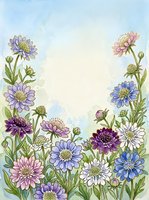 Watercolor wildflower border with purple, blue, pink and white blooms on soft sky background, copy space for greeting cards and prints.