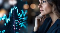 Professional businesswoman analyzing financial data charts and stock market trends on digital display for investment strategy and trading decisions.
