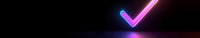 Glowing neon checkmark symbol floating in dark space with purple and blue light reflection on glossy surface, modern minimal design element.