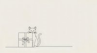 Minimalist line art cat standing next to wrapped gift box with bow on beige background, isolated design element for greeting cards and festive projects.