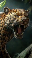 Fierce leopard showing aggressive behavior with open mouth displaying sharp fangs and teeth. Close-up portrait against dark background captures wild predator expression.