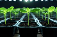 Young green seedlings growing in black plastic pots with soil, showing early plant development stages under greenhouse lighting. Suitable for gardening and agriculture concepts.