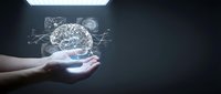 Caucasian hand holding glowing digital brain with neural network connections on dark background, representing artificial intelligence, technology innovation, and machine learning for business solutions.