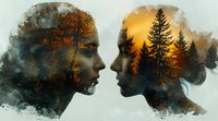 Double exposure portrait of man and woman silhouettes with autumn forest and sunset landscape inside their profiles facing each other.