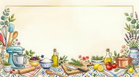 Watercolor kitchen border frame with cooking tools, herbs, olive oil, vegetables, and mixer on decorative tile background, copy space for text.