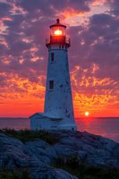 Majestic lighthouse glowing at sunset with dramatic orange and purple sky, illuminated beacon against rocky coastal landscape and vibrant ocean horizon.