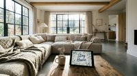 Cozy modern farmhouse living room with large sectional sofa, rustic wooden coffee table, and tablet displaying Stay Home message.