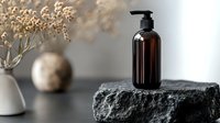 Dark amber glass pump bottle on black stone with dried flowers in ceramic vase, minimalist spa composition against neutral background for cosmetic product display.