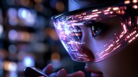 Futuristic augmented reality visor with glowing digital display and holographic interface reflecting in lens against dark background with purple neon lights.