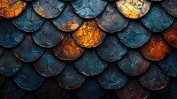 Overlapping metallic scales in teal blue and copper orange create dramatic dragon-like pattern with rich texture and moody lighting for fantasy designs.
