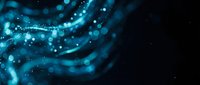 Abstract blue flowing waves with glowing particles and bokeh lights on dark background for digital technology and futuristic design projects.