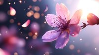 Dreamy pink cherry blossom with water drops against purple bokeh background, falling petals creating magical spring atmosphere. Soft focus macro photography.