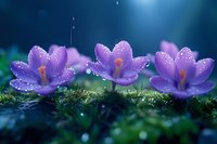 Purple crocus flowers with water droplets blooming in moss under mystical blue moonlight, creating a magical spring garden atmosphere.