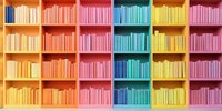 Colorful rainbow bookshelf with books arranged by color from orange to pink, creating an ombre effect. Modern library interior with organized color-coded book collection.