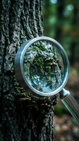 Magnifying glass examining tree bark texture in forest environment for scientific research and nature study applications.