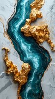 Abstract luxury marble pattern with turquoise blue river flow and gold leaf texture on gray background. Modern art design for interior decor.