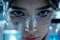 Close-up portrait of young Asian woman scientist wearing protective transparent glasses in modern laboratory with blue technological lighting atmosphere.