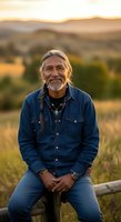 Middle-aged man with long braided hair and goatee wearing denim shirt sitting on wooden fence in rural valley landscape at golden hour sunset for lifestyle and portrait use.