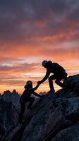 Silhouetted climber helping partner up rocky mountain peak at dramatic sunset with golden and orange sky, teamwork and mountaineering adventure concept.