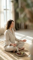 Young woman in beige linen pajamas practicing meditation in lotus position on jute mat near window with natural sunlight and healthy breakfast bowl.