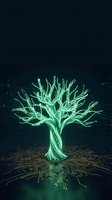 Glowing digital tree with circuit board roots on dark background representing technology growth, artificial intelligence, and futuristic innovation concepts.