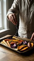 Man seasoning colorful roasted root vegetables on a baking sheet, sprinkling salt over carrots, beets, and sweet potatoes with rosemary.