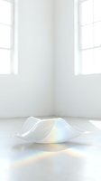 Iridescent white wavy bowl casting rainbow light reflections on a bright minimal studio floor, elegant holographic decor concept.
