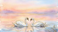 Two white swans forming heart shape on calm lake at sunrise, romantic wildlife scene for wedding invitations, greeting cards, and nature-themed designs.