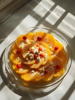 Fresh orange carpaccio with pomegranate seeds and crumbled cheese served on glass plate, natural window light casting geometric shadows creates mood.