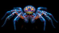 Colorful jumping spider macro photography showing detailed eyes and fuzzy legs against black background for educational and scientific content.