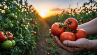 Fresh ripe tomatoes cupped in hands at sunset in organic garden with tomato plants growing in background during golden hour harvest time.