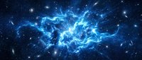 Cosmic blue nebula with swirling gas clouds and bright stars in deep space. Stellar formation region with luminous energy patterns against starry background.
