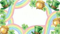 Watercolor St. Patrick's Day frame with leprechaun hats, gold pots, four-leaf clovers and rainbows on white background for festive holiday designs.