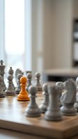 Orange chess pawn standing out among white and gray pieces on wooden board, symbolizing leadership, uniqueness and strategic thinking in business.