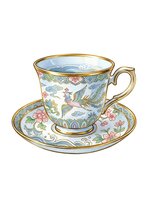 Ornate porcelain teacup and saucer with gold trim, featuring hand-painted birds, flowers, and decorative patterns in blue, pink, and green. Isolated on white background, suitable for design projects.
