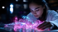 Young Asian woman in white coat interacting with glowing pink and blue holographic visualization, dramatic lighting creates futuristic atmosphere in dark laboratory setting.