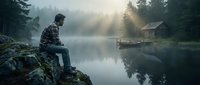 Young man in plaid shirt sitting on rocky shore contemplating misty lake with wooden cabin and dock at peaceful dawn surrounded by evergreen forest.