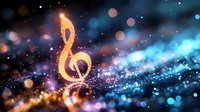 Glowing golden treble clef with sparkles on dark background with blue bokeh lights and magical glitter dust, music concept for concert posters and events.