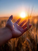 Hand reaching towards golden wheat ear during sunset in field, dramatic sunlight illuminating agricultural landscape with warm orange glow and bokeh effect.