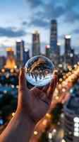 Hand holding crystal sphere reflecting illuminated cityscape at dusk with skyscrapers and bokeh lights. Urban photography for business, technology, vision, and future concepts.