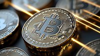 Silver and gold cryptocurrency coins with digital circuit lines on dark background, macro view of digital money concept for financial technology.
